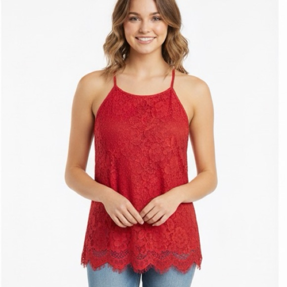 No Boundaries NWOT Stretchy Red Lace Sleeveless Halter Top Blouse Lined